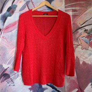 JCREW V neck Linen Hot Pink Cable knit 3/4 sleeve sweater